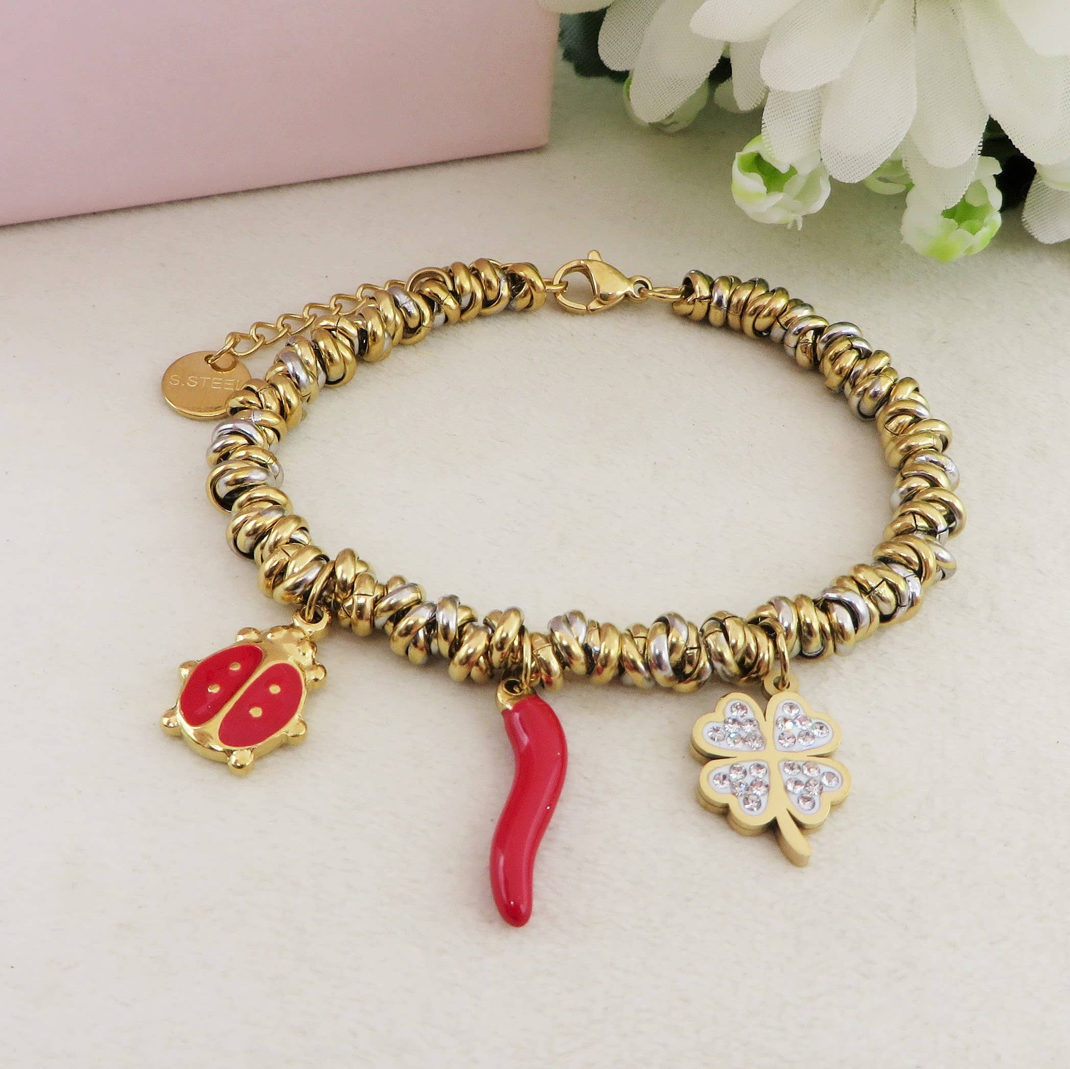 Daemon srls - Wholesale Charm/Dangle Bracelet - LUCKY LADYBUG - Bracciale con ciondoli scaramantici e coccinella ACCIAIO INOSSIDABILE2