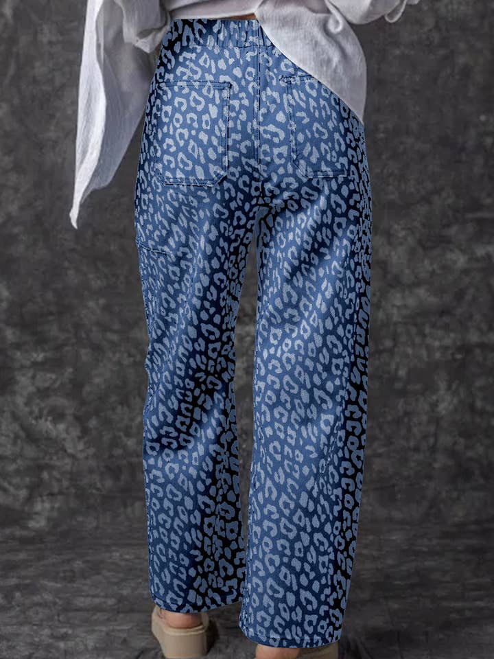 Lovesoft - Wholesale Jeans - Women's - Khaki Leopard Printed Drawstring Waist Pocketed Wide Leg Jeans3