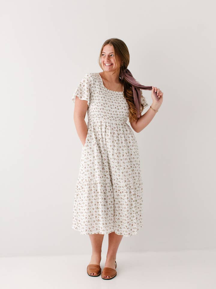 'Lynette' Smocked Bodice Floral Midi Dress for wholesale by The Main Street Exchange