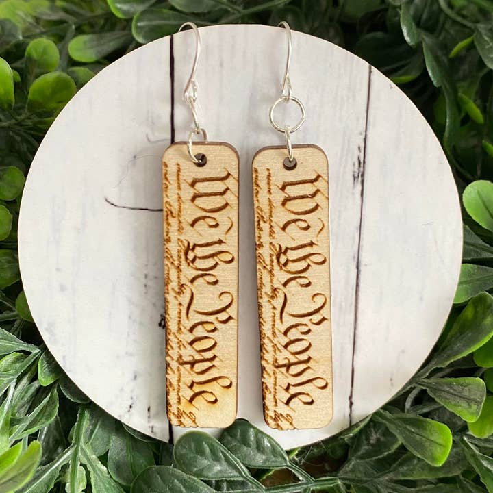 America, We The People, USA, Wood, Dangle Earrings for wholesale by Traveling Sparrow