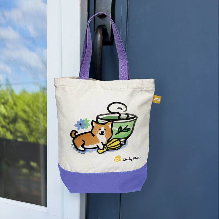 Corgi Matcha Mini Canvas Tote Bag for wholesale by Brightspot Design