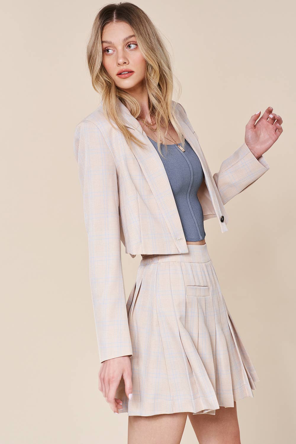 Listicle - Wholesale Top & Short Set (NOT Loungewear) - Women's - Plaid Cropped Blazer & Pleated Skort Set LSET12535