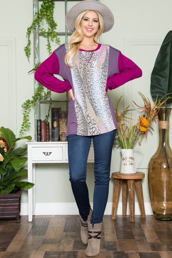 ClickPuff - Wholesale Tunic - Women's - Women's Plus Size Animal Print Color Block Long Sleeve Top7