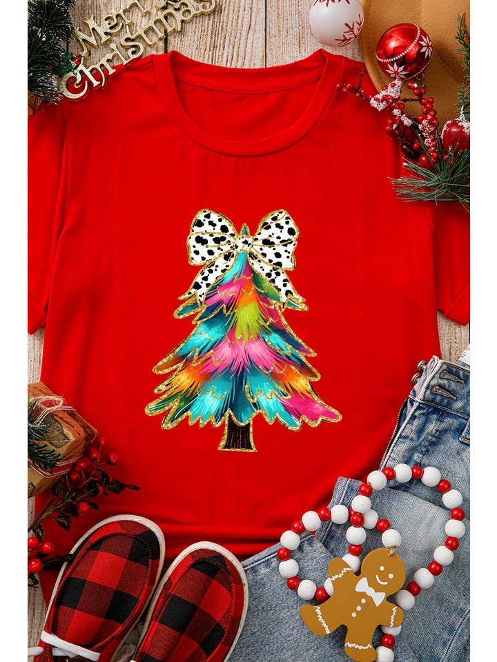 Red LDC Bow Decor Christmas Tree Graphic Holiday T Shirt for wholesale on Faire
