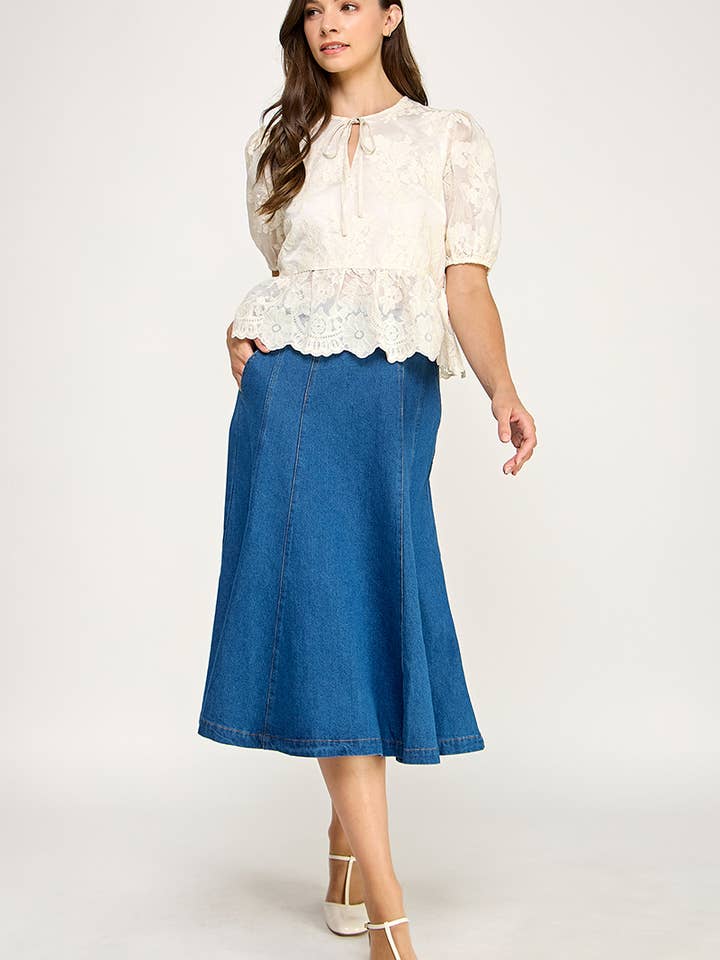 TS-10591-6 MIDI DENIM SKIRT-DENIM for wholesale by Ellison