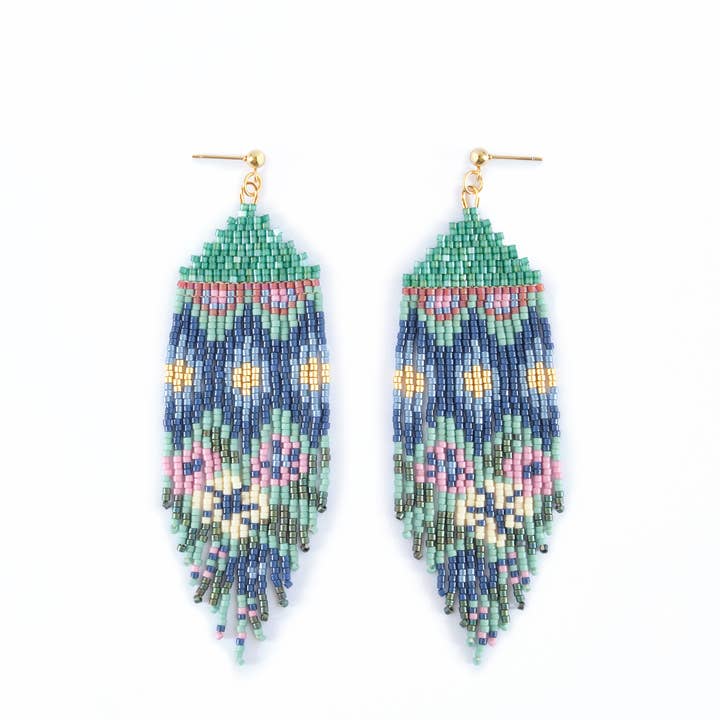 Mayana Designs Co - Wholesale Kwastjesoorbellen - Met kralen handgeweven huipil franje oorringen (Ocean Sunset)5