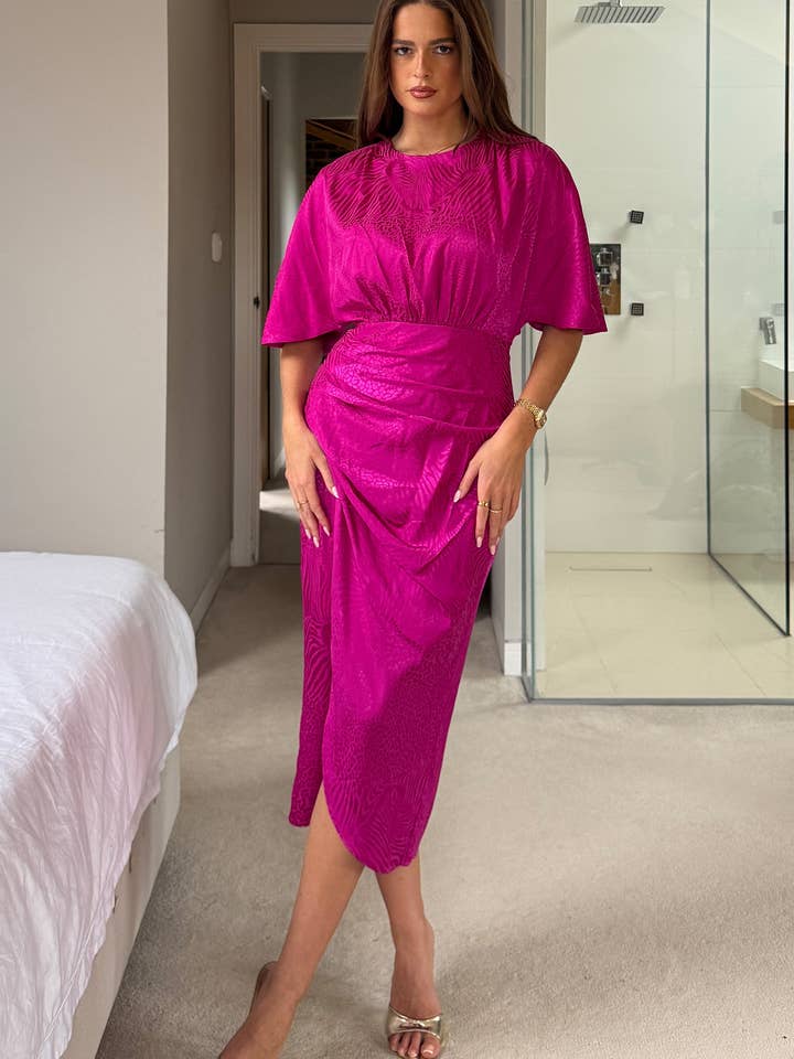 Shelly Pleated Skirt Batwing Midi Dress Dark Fuchsia for wholesale by Girl in mind