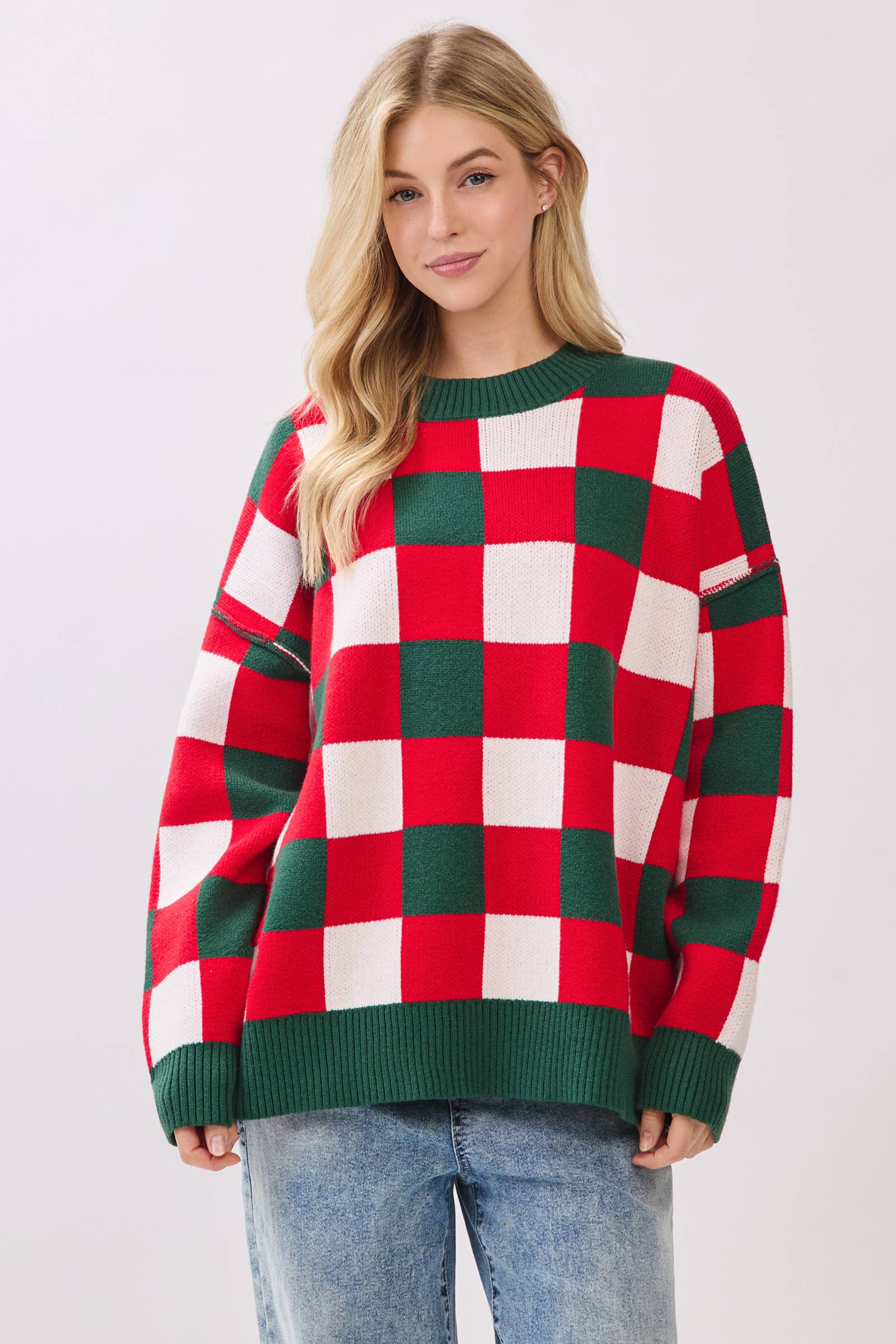 RED COMBO Oversized Checkered Christmas Sweater for wholesale on Faire