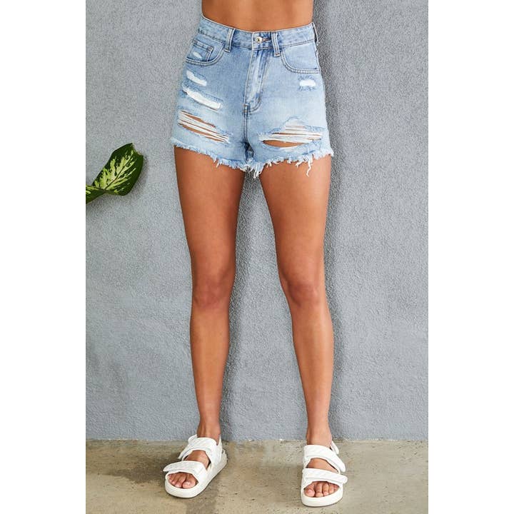 CALÇÕES CURTOS DE GANGA DE CINTURA ALTA DESGASTADOS (J1188) por atacado de VENTI6