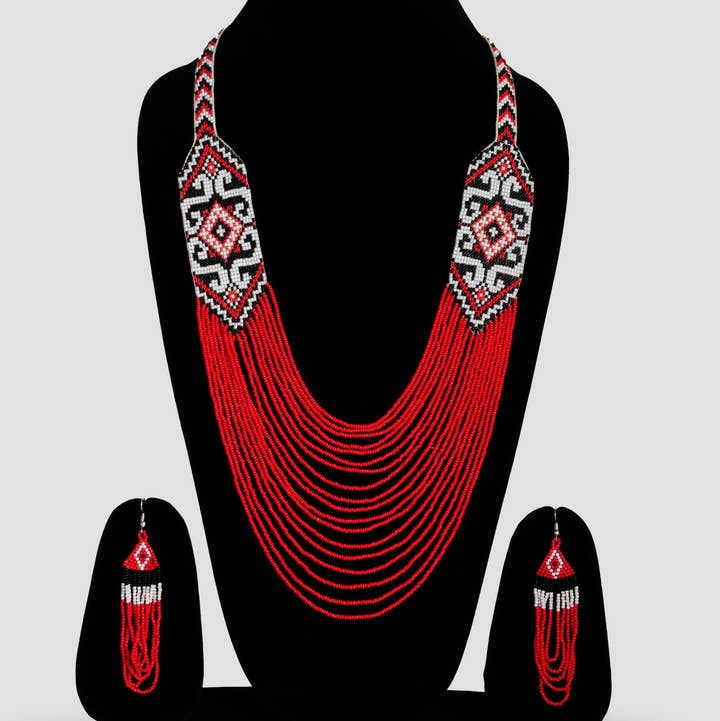 House of Kraft - Wholesale Jewelry Set - White Pattern Jewelry Set | Beaded Jewelry | Red Jewelry4