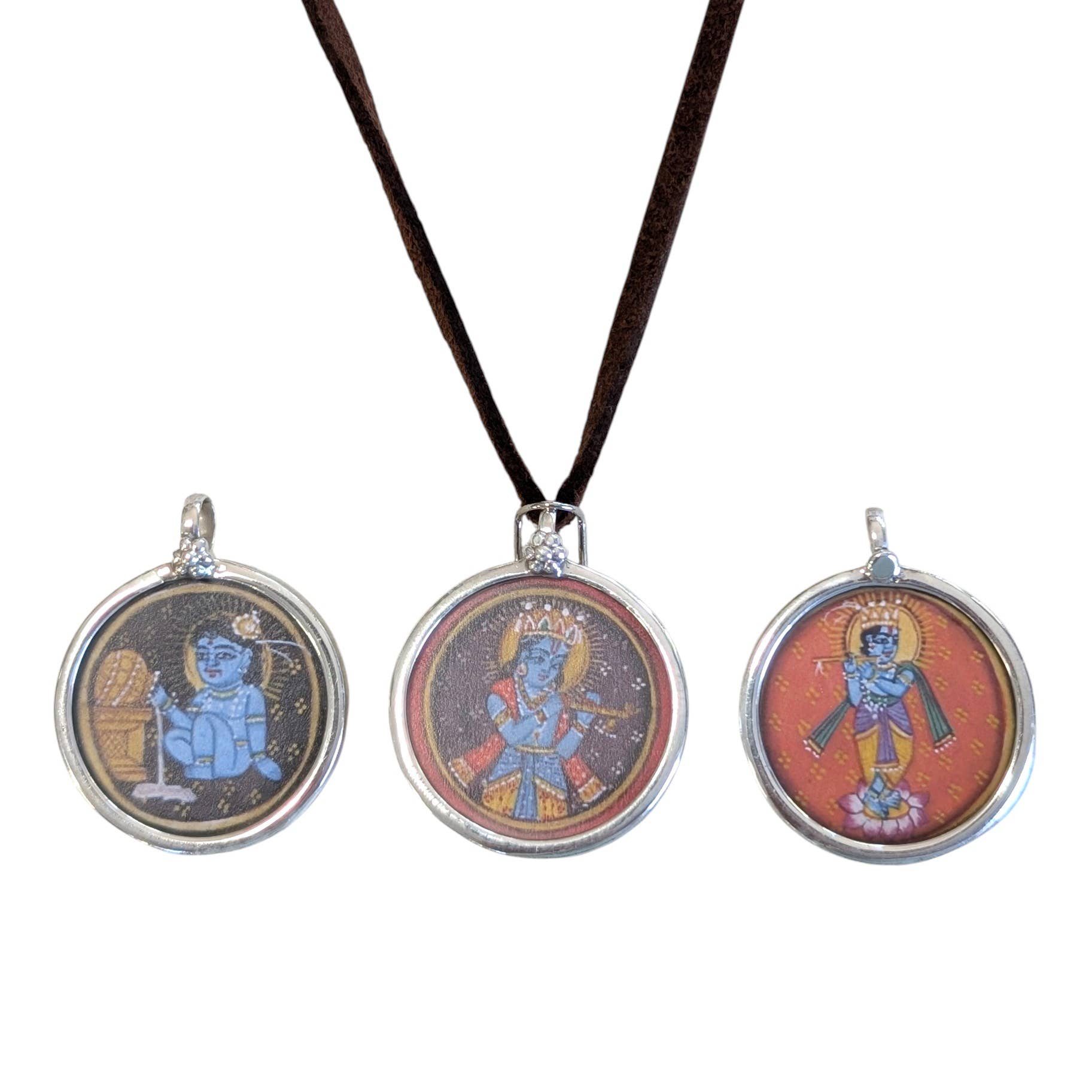 Saraswati Imports - Wholesale Pendant/Charm Necklace - SALE Hand Painted Krishna Sterling & Suede Pendant Necklace2