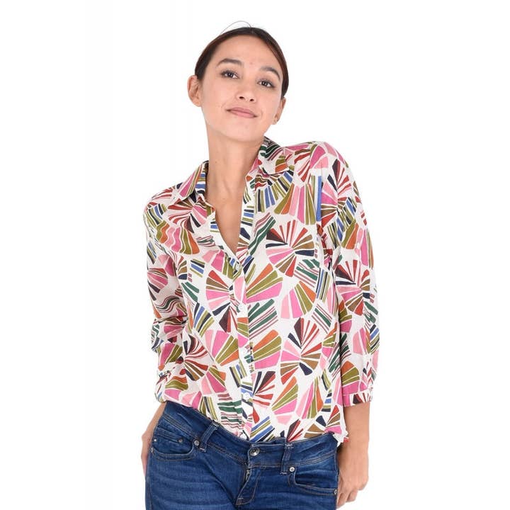 V-Neck+3/4 Sleeves Cotton Shirt 67141 for wholesale by Cinnamon Creations