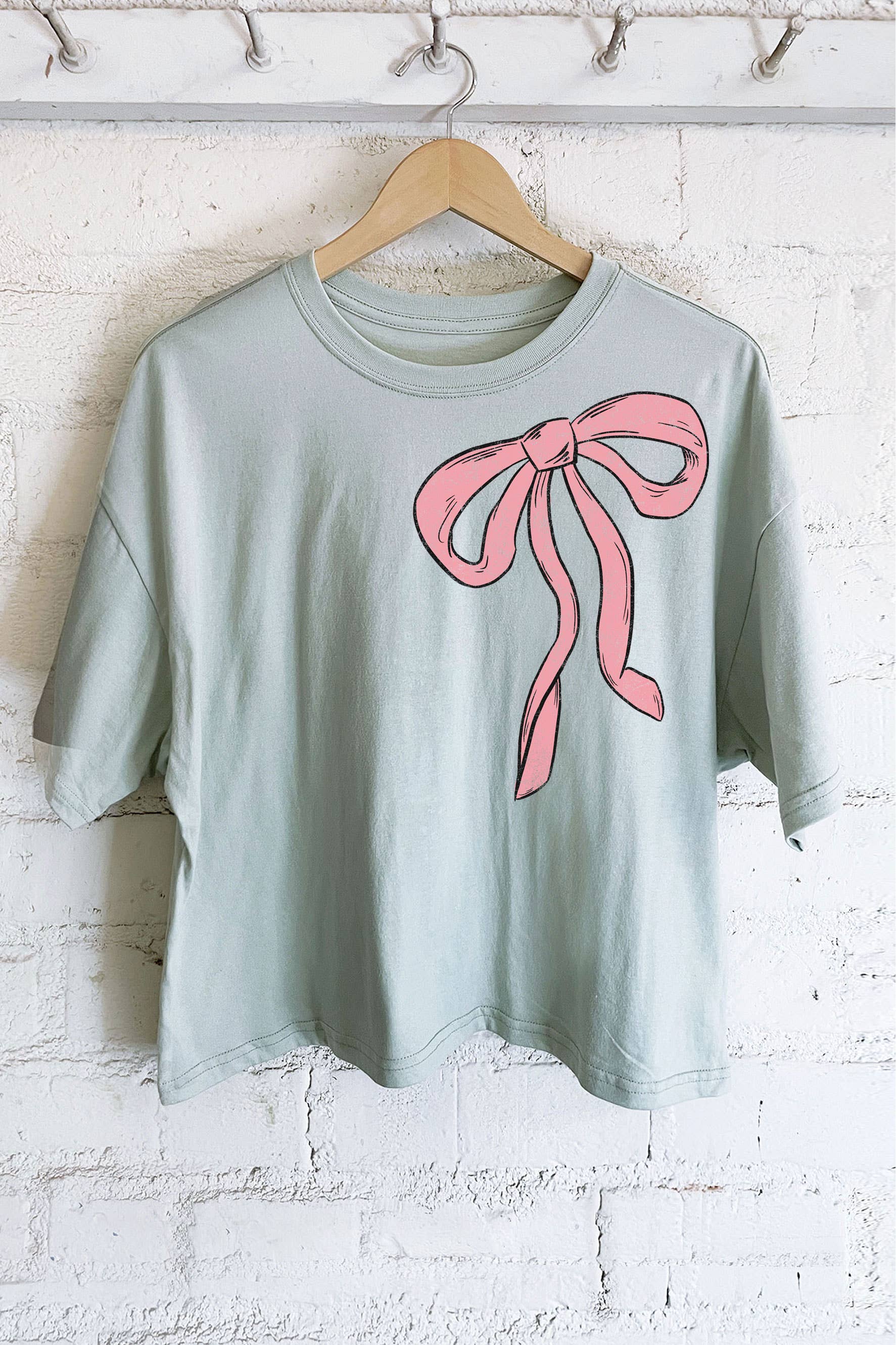 Rustee Clothing - Wholesale Screen Printed T-Shirt - Women's - COUQUETTE PINK RIBBON GRAPHIC LONG CROP TOP0