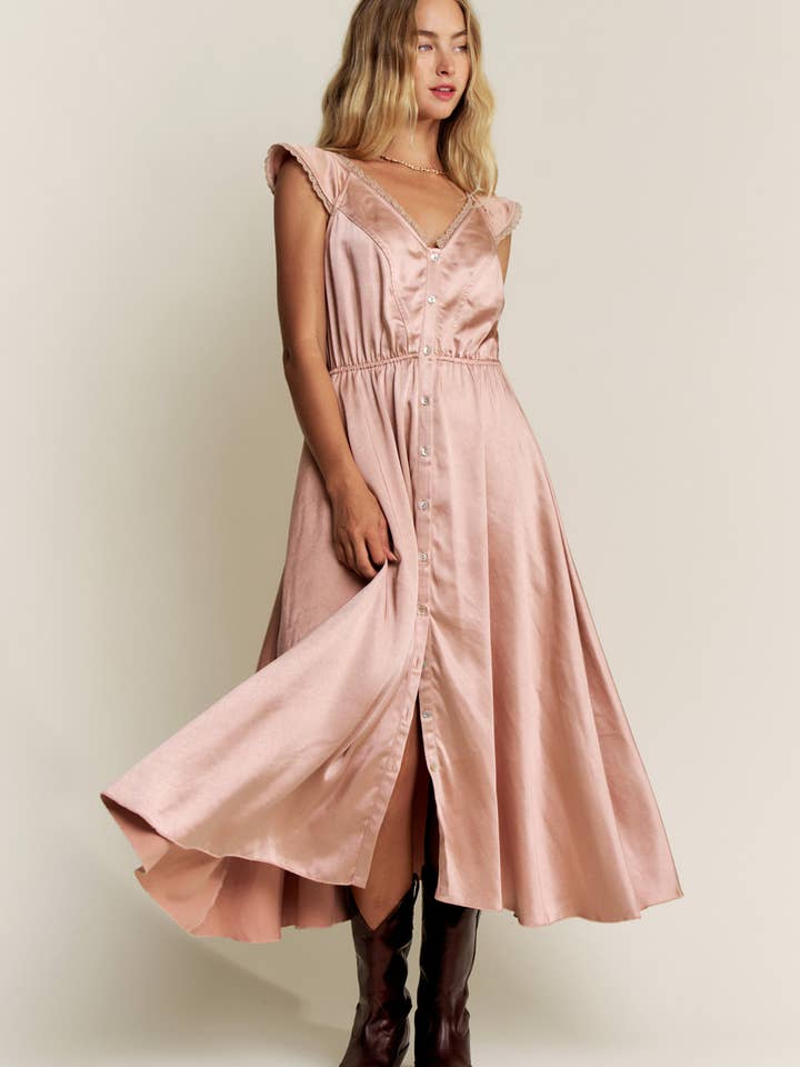 Spitzenbesatz-Knopf-Down-Seiden-Midikleid für den Großhandel von Lara Daisy