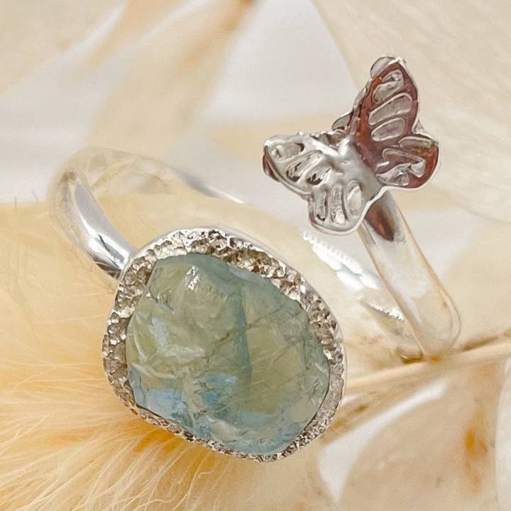 Aquamarine Crystal Ring, Adjustable, 925 Silver - Erin for wholesale by Koko