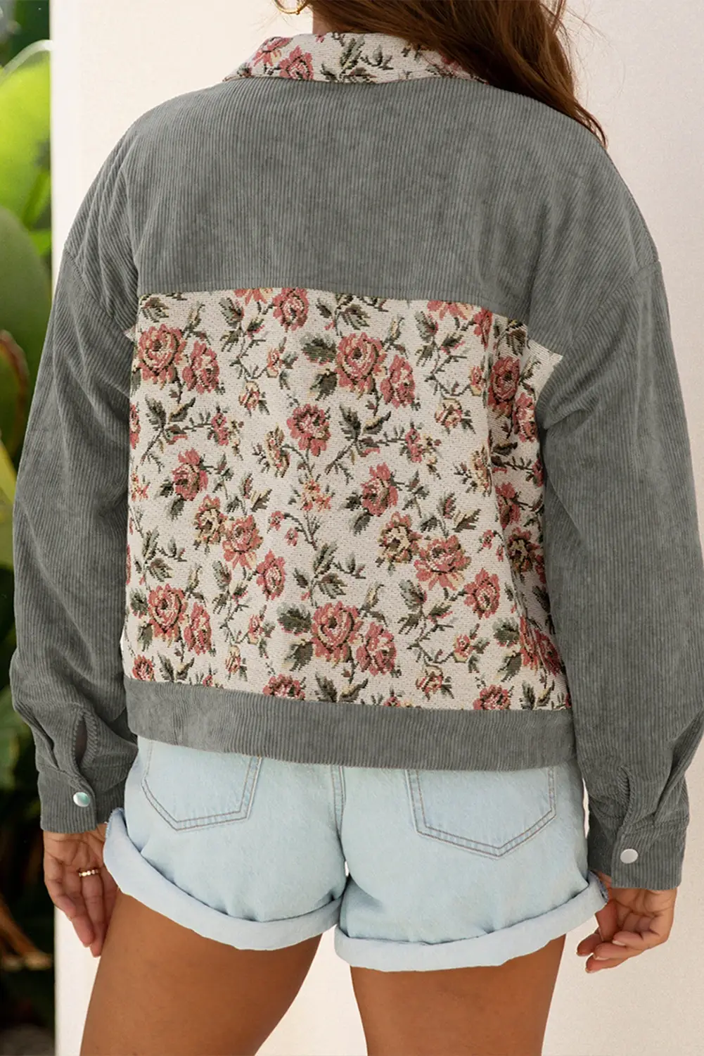 Gris moyen Veste Vintage Patchwork Floral en Velours Côtelé en vente sur Faire1