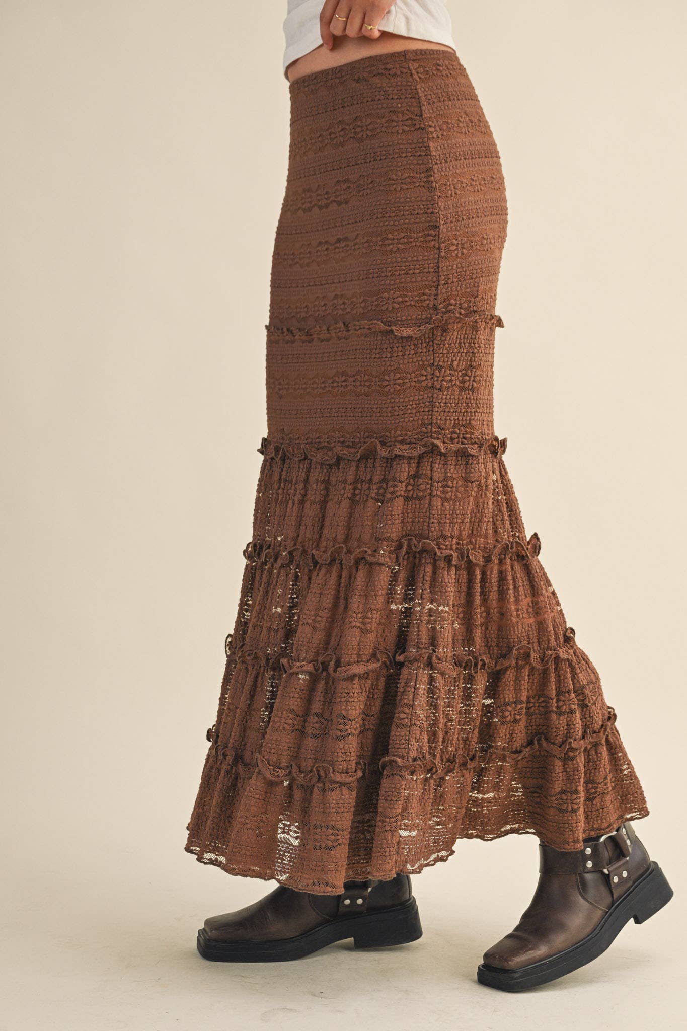 &MERCI - Wholesale Skirt - Women's - LACE TIERED RUFFLE TRIM MERMAID MIDI SKIRT MSK439512