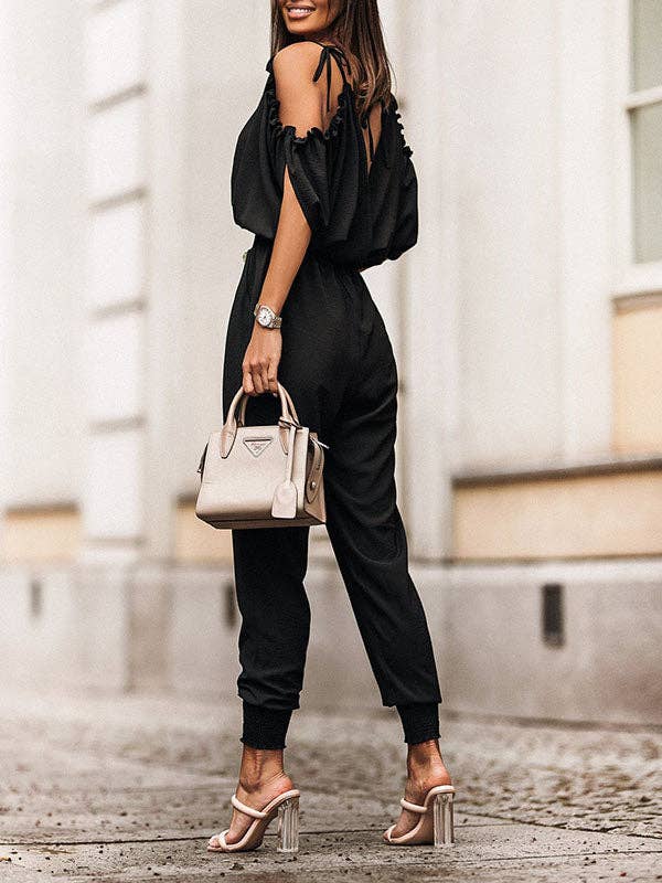 UZ Wholesale Store - Wholesale Jumpsuit - Women's - Batwing Sleeves Loose Elasticity Hollow Pleated Pockets Solid Color Tied V-Neck Jumpsuits2