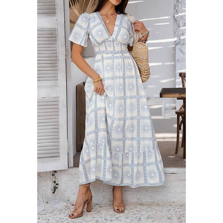 Elings - Wholesale Dress - Women's - Allover Print Deep V Elastic Waist Band Maxi Dress2