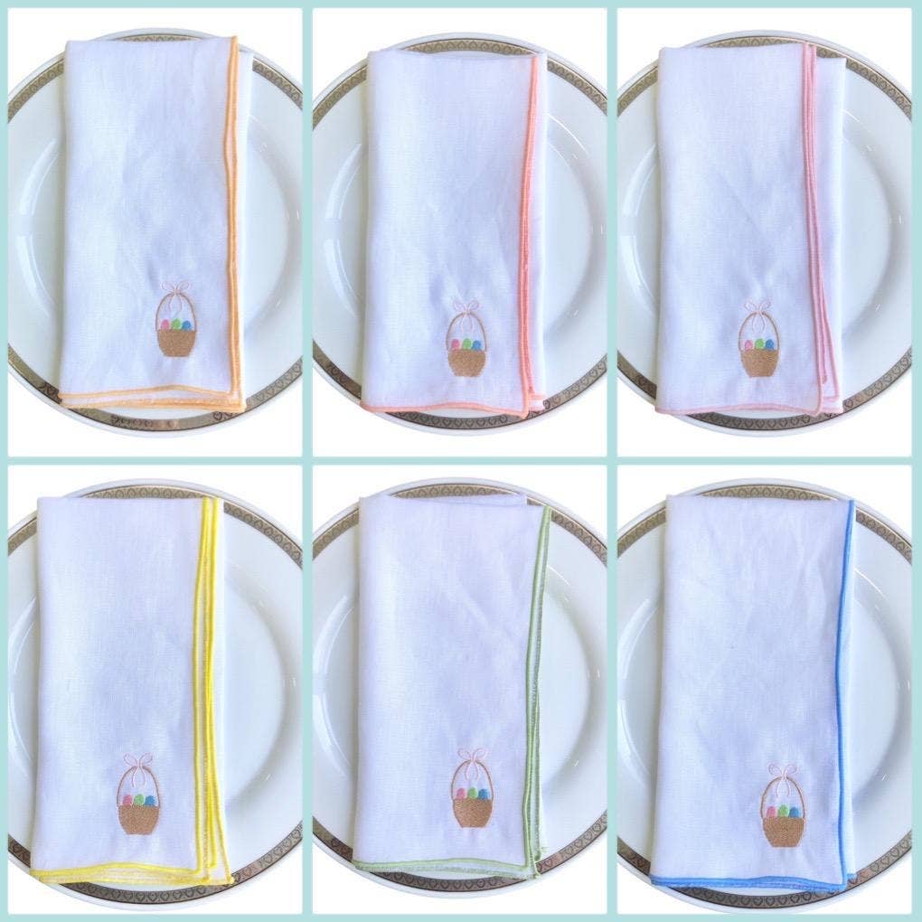 Belle Linen – wholesale Dinner & cloth napkin – Set of 4/6 Embroidered Easter Eggs Basket Linen Napkins1