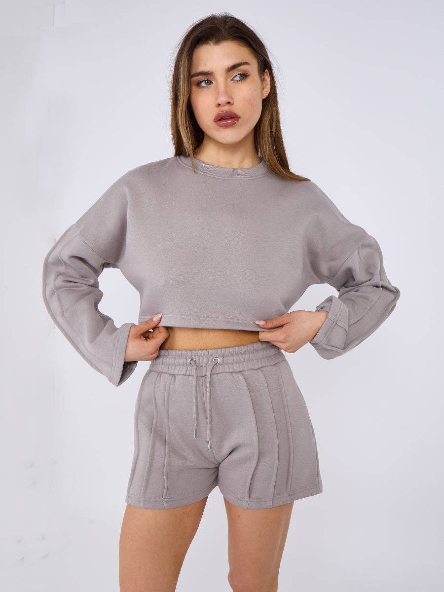 AX Labels - Wholesale Lounge Set - Women's - Seam Detail Oversized Crop Top & Shorts Fleece Co-ord41
