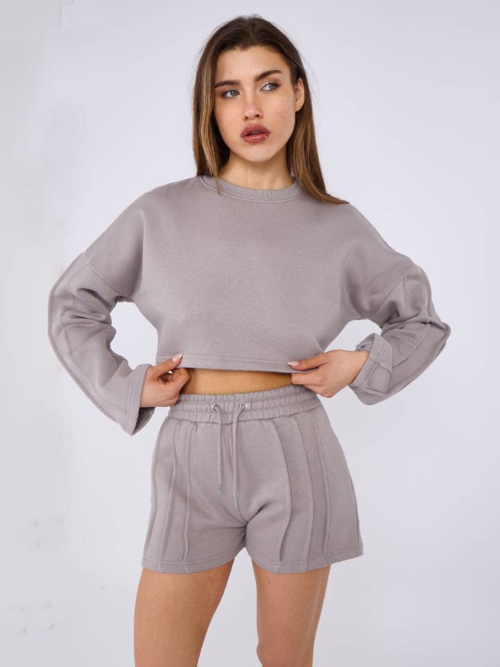 AX Labels - Wholesale Lounge Set - Women's - Seam Detail Oversized Crop Top & Shorts Fleece Co-ord41