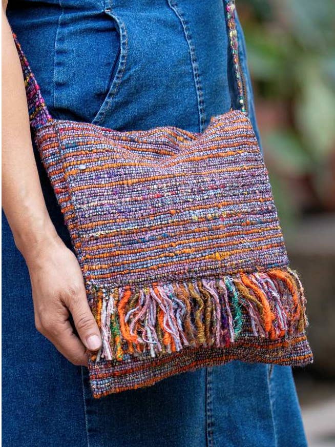 Recycled Silk Crossbody Bag with Front Flap and Fringe for wholesale by Ganesh Himal Trading