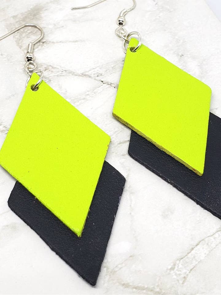 Neon Green and Black Layered Diamond REAL Leather Earrings for wholesale by Simply Raevyn