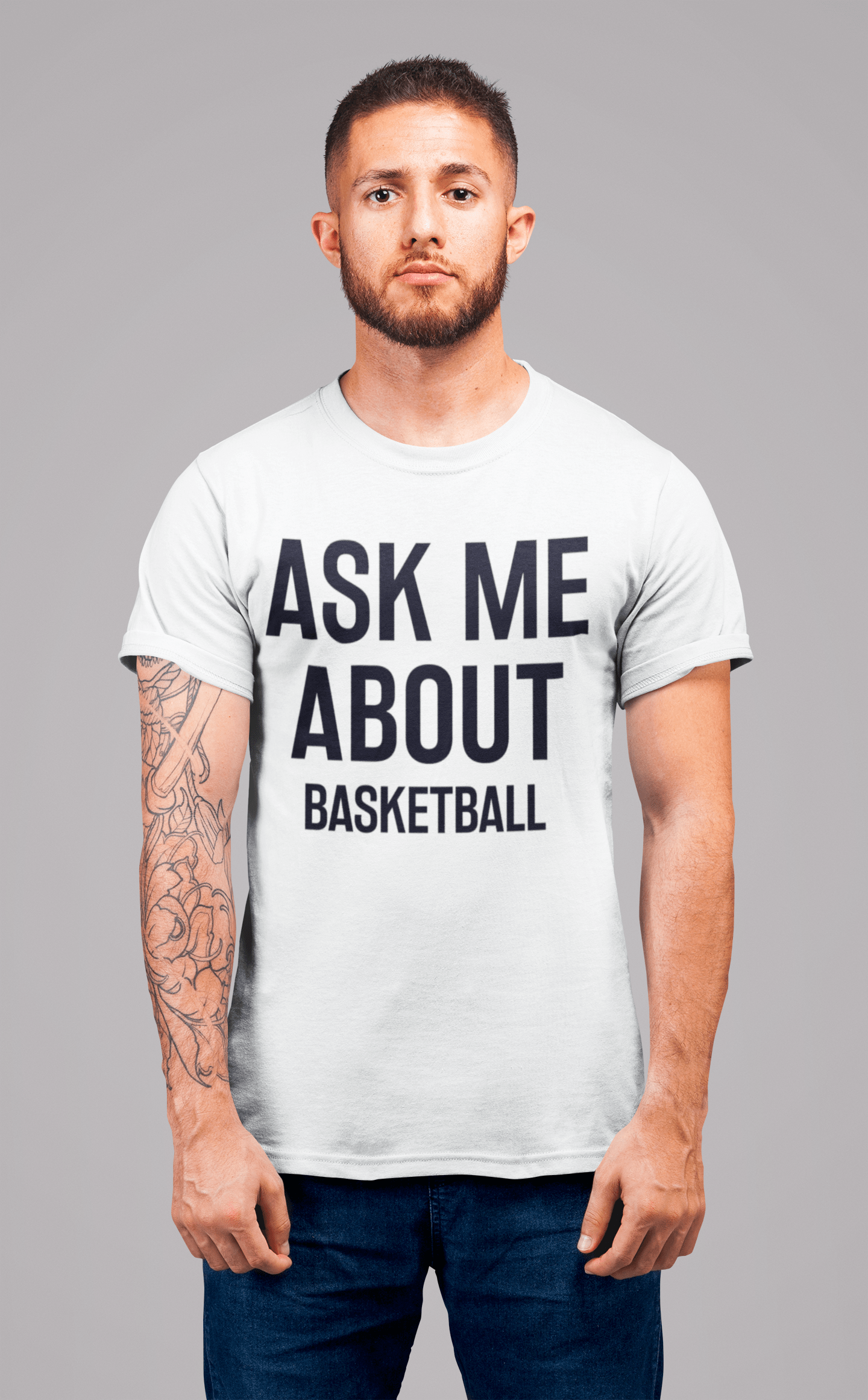 White Ask me about basketball, White, Men's Short Sleeve Round Neck T-shirt 00277 for wholesale on Faire2