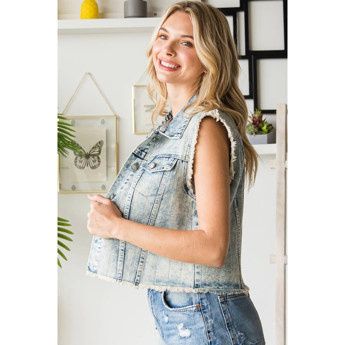 LT Wash Plus Size Denim Rhinestone Vest for wholesale on Faire2