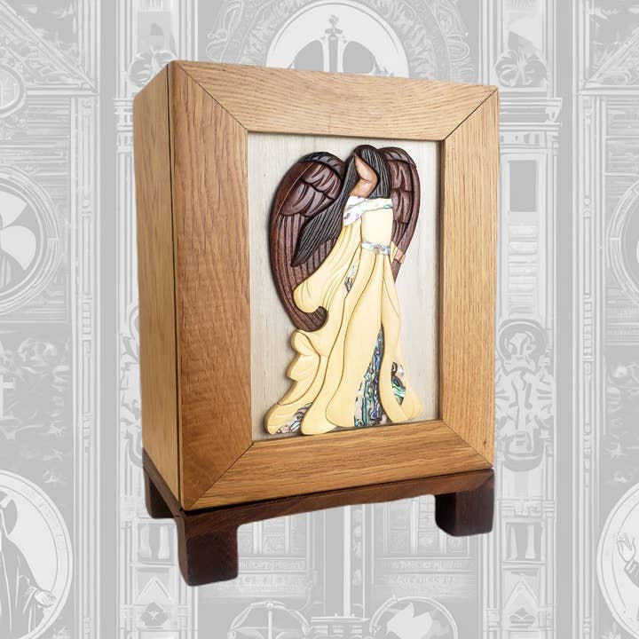 Positive Urns - Vente Urnes - Urne Ange Debout - Bois et coquille d'abalone faits à la main0