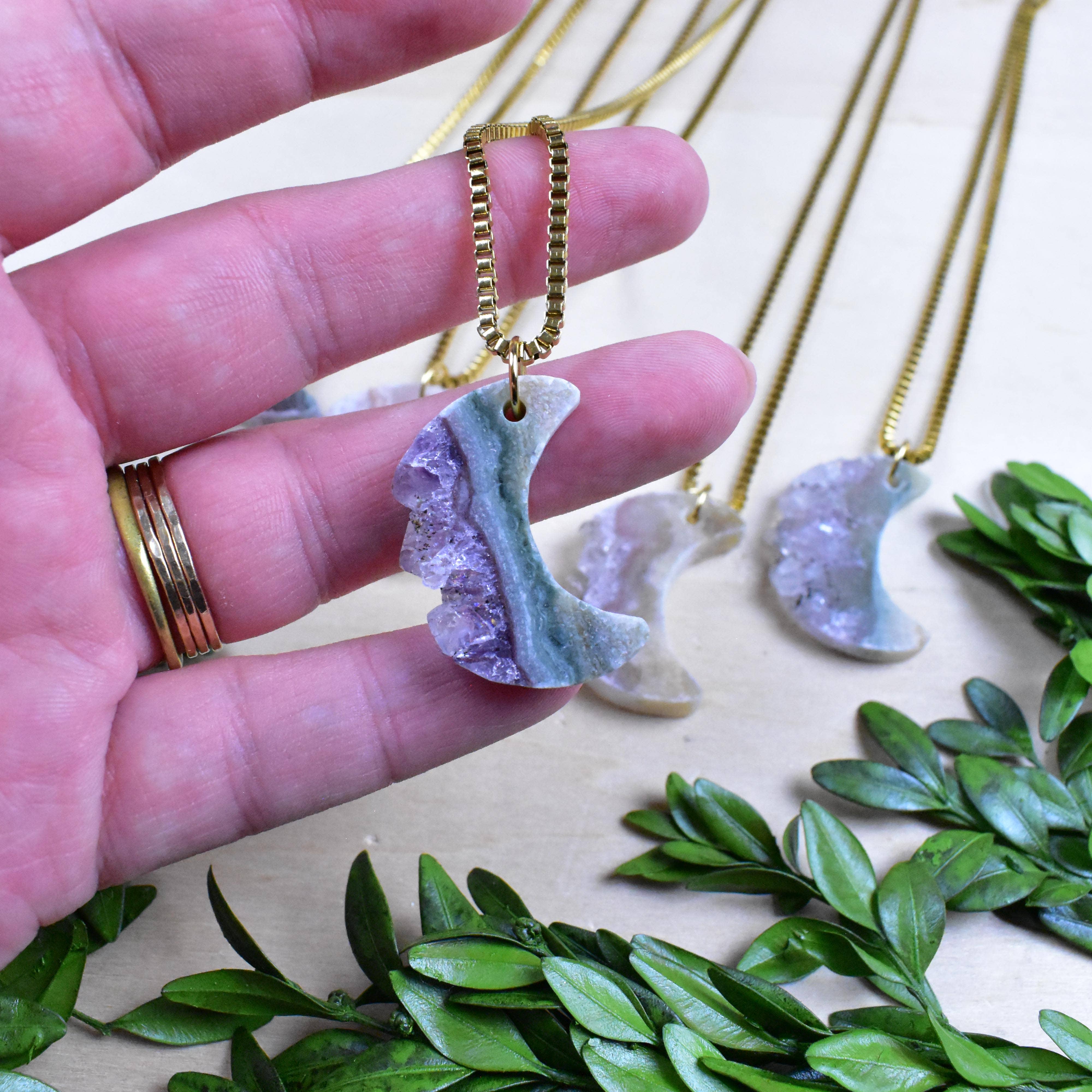 Ewelina Pas Jewelry - Wholesale Pendant/Charm Necklace - Gold Raw Crescent Moon Amethyst Slice Necklace7