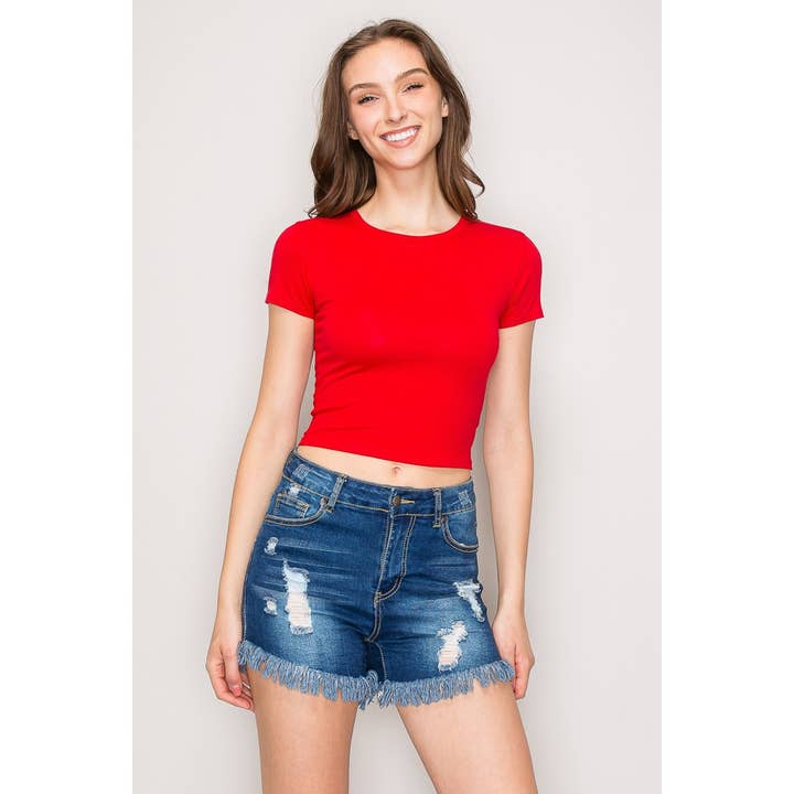 Short Sleeve Crew Neck Cotton Knit Cropped Top for wholesale by Popular 21