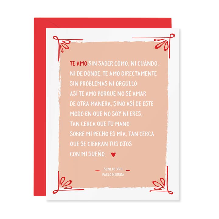 Neruda, Soneto XVII | Carte d'amour pour la Saint-Valentin en espagnol pour la vente par Lucy Loves Paper