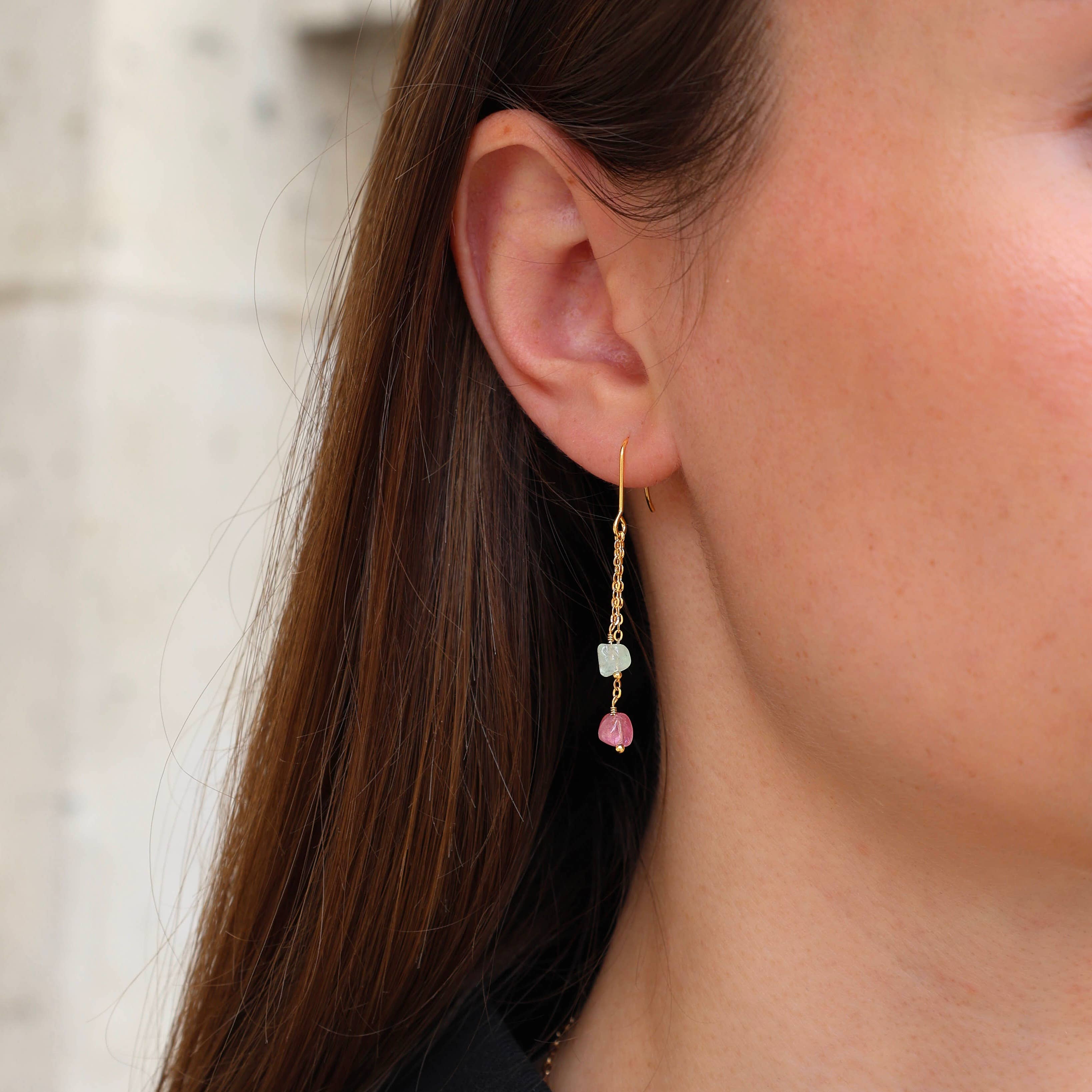 Victoire Collection - Wholesale Dangle Earrings - Chain drop earrings with tourmaline stone0