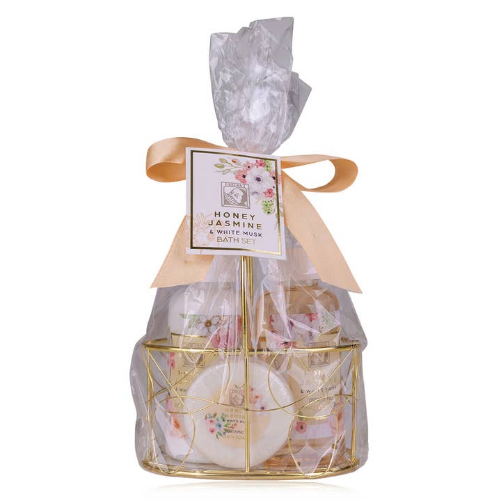 Honey Jasmine bath set, gift set in wire basket for wholesale by Accentra