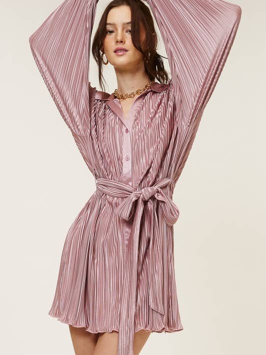 Pleated Mini Dress with Button-Up Collar and Ribbon Belt for wholesale by Mimosa