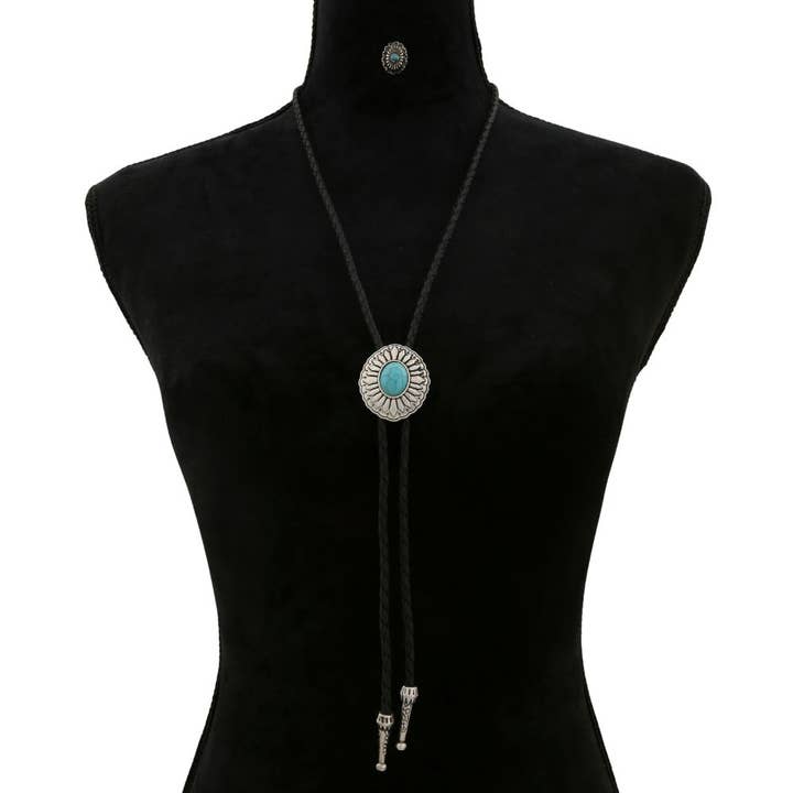 WESTERN STYLE CONCHO TURQUOISE CORD NECKLACE, TNE 2762 for wholesale by JOIA ACCESSORIES
