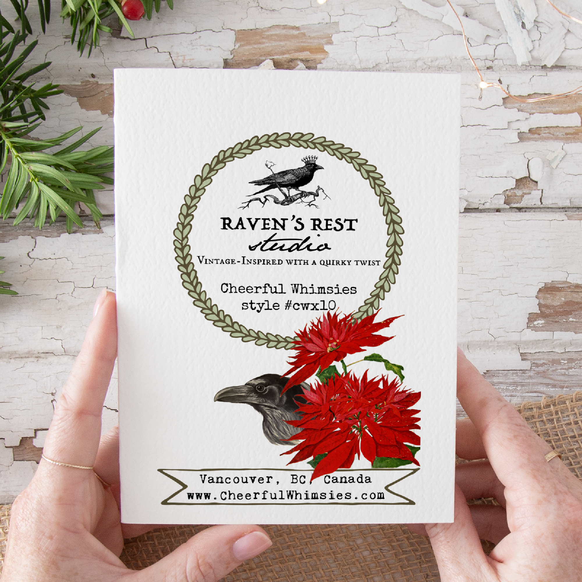 Cheerful Whimsies – wholesale Christmas card – Christmas Card. Vintage Raven in Xmas Greenery.3
