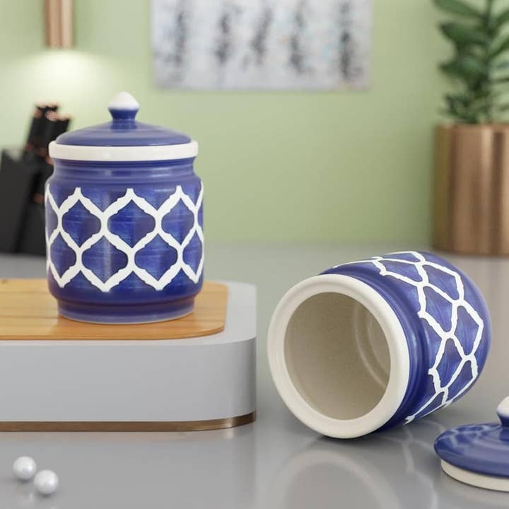 Set of Ceramic Handcrafted Jar with Lid & Spoon 600 ML Each for wholesale by GoGlocal