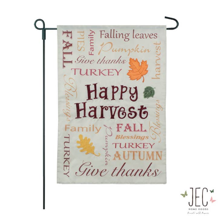 Happy Harvest Typography 2-Sided Garden Flag 12.5x18" for wholesale by JEC Home Goods Inc