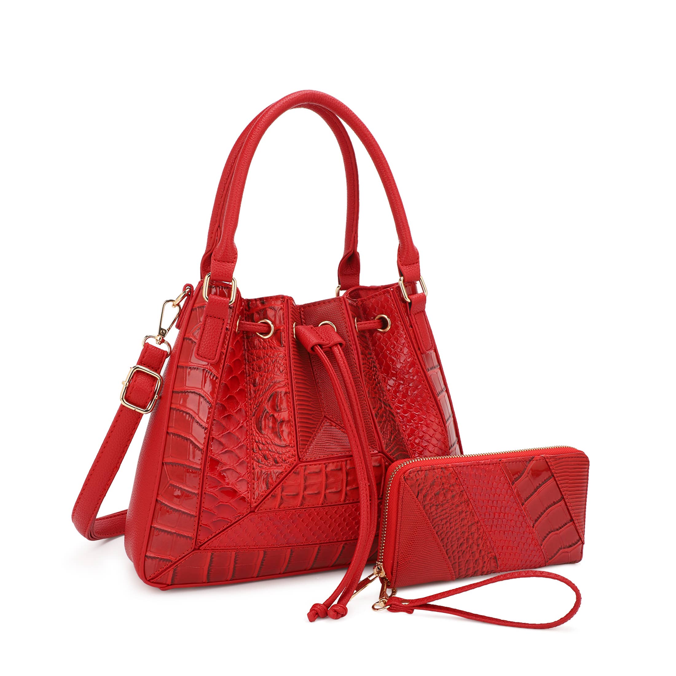 Black ROWENA PATCHWORK BUCKET BAG SET WITH WALLET for wholesale on Faire8