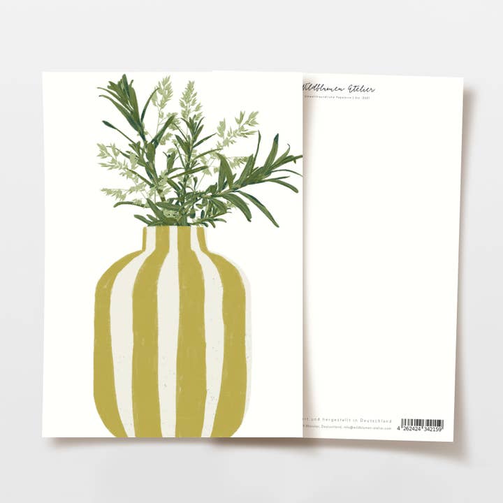 Cartolina vaso a righe gialle con rami di olivello spinoso, FSC per la vendita all'ingrosso da parte di Wildblumen Atelier