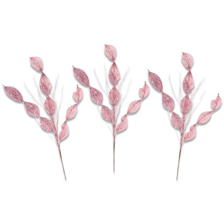 3 Pack of Light Pink Leafy Glitter Picks with Light Pink Glitter Spray for wholesale by Winterland Inc.