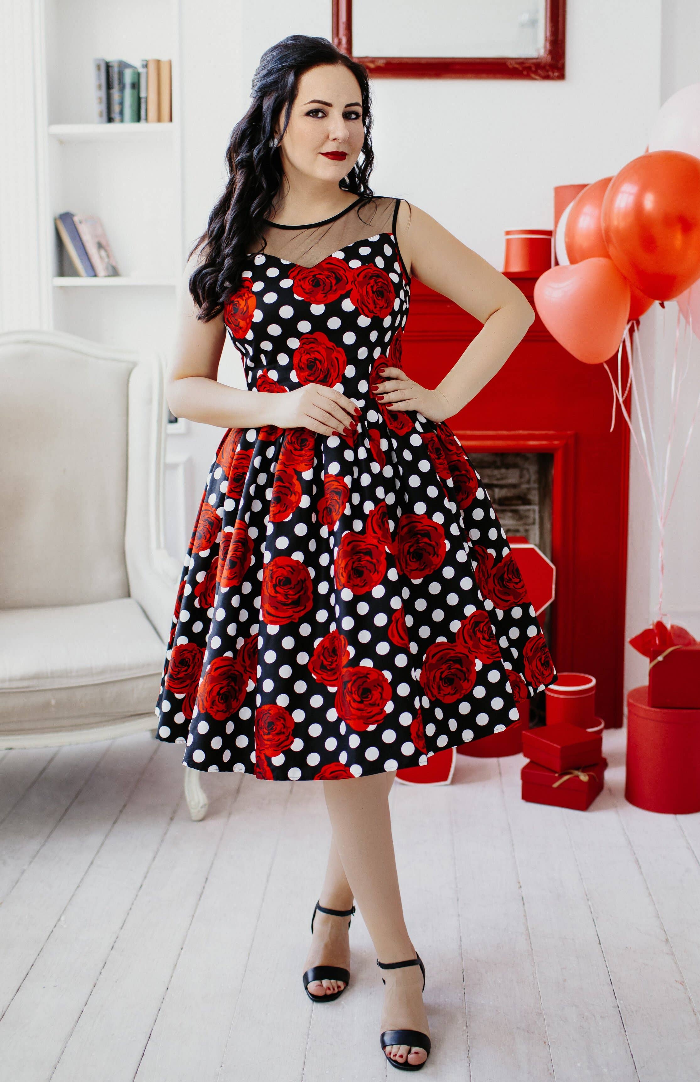 Dolly & Dotty – wholesale Dress – Women's – Elizabeth Vintage Style Polka Roses Party Dress in Black-Red7