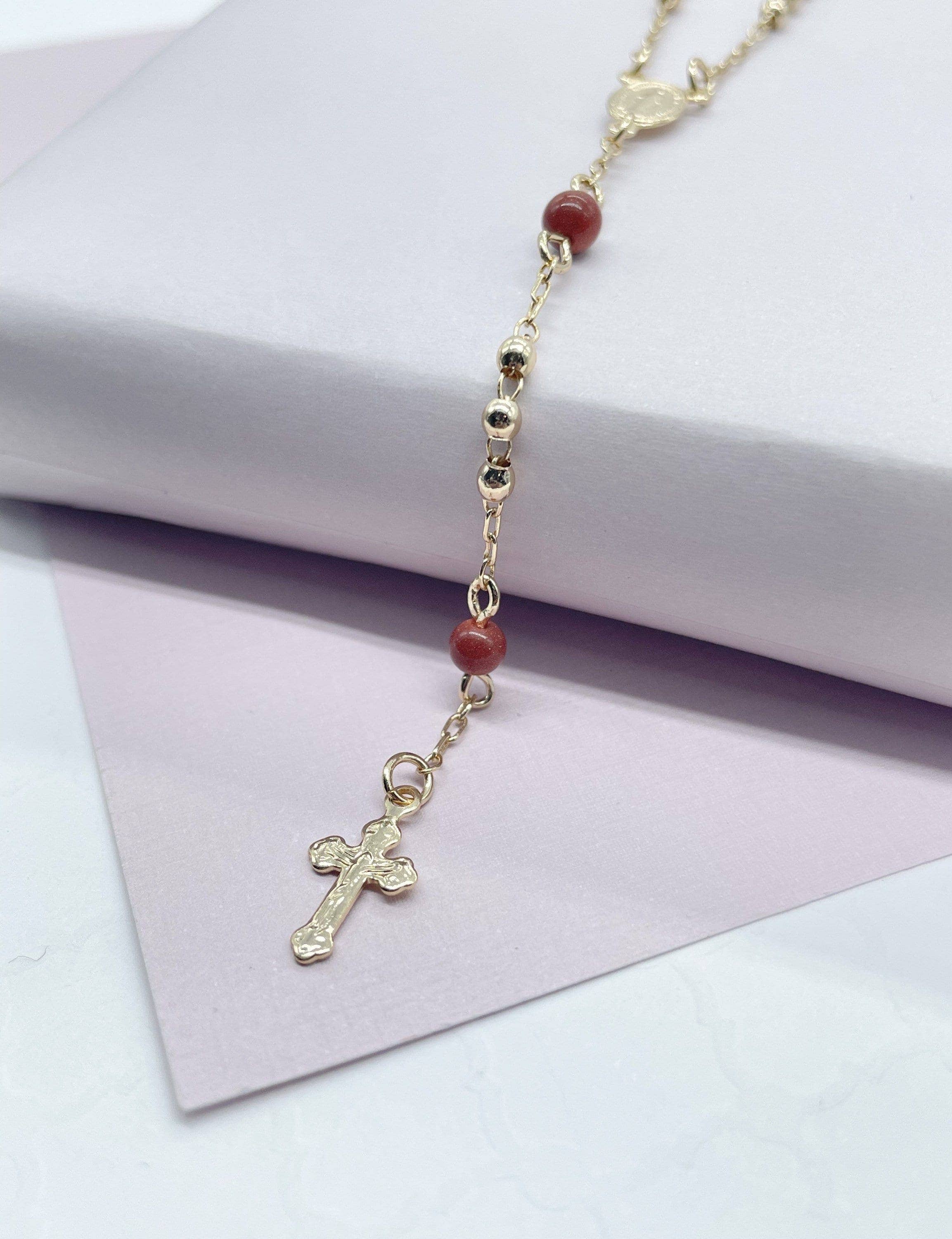Milie - Wholesale Prayer Beads Necklace - 18k GF Rosary: Brown Aventurine Beads, Victorian Cross0