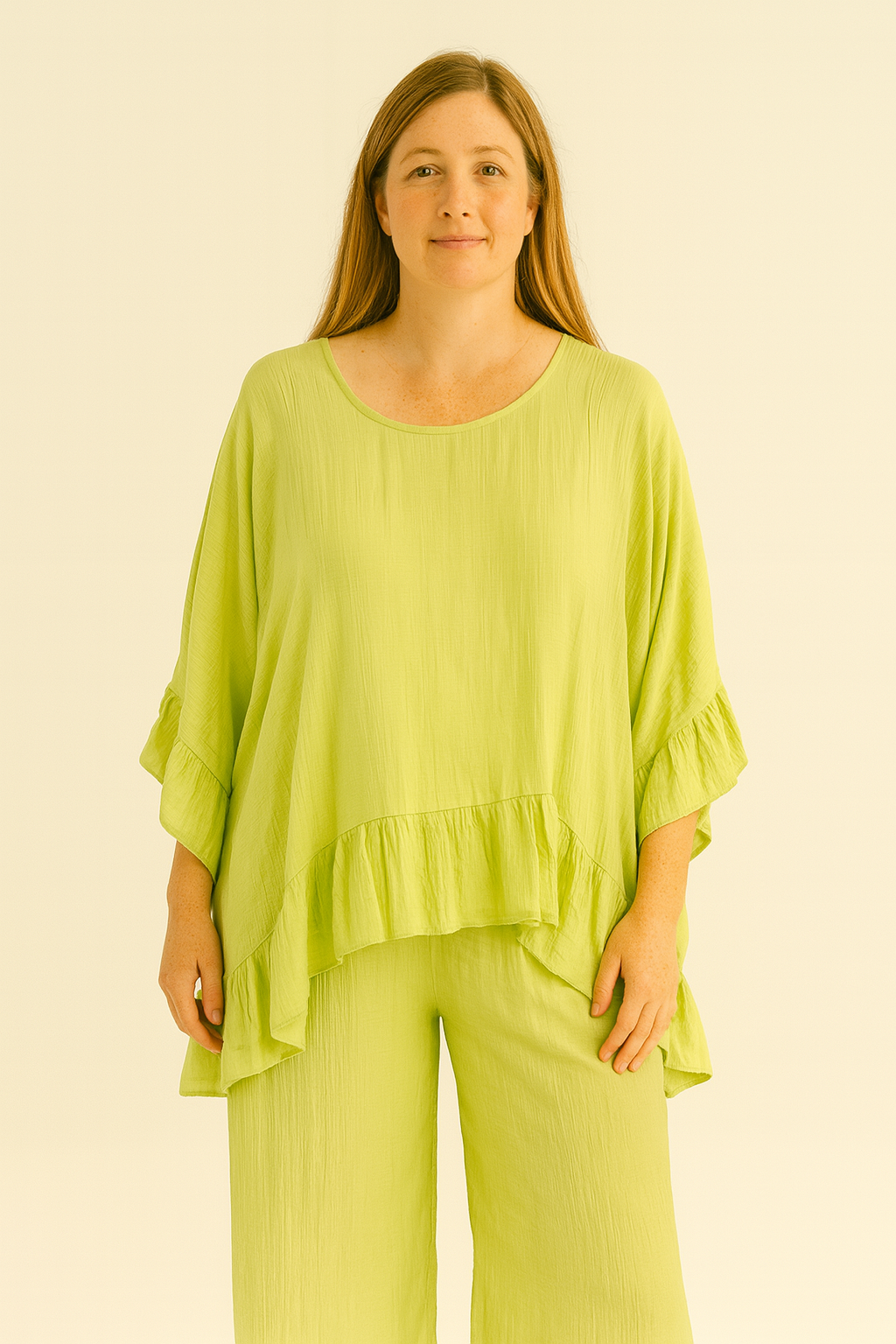 Lucy Sparks – Conjunto de top e calça (roupa NÃO Casual) - Mulher por atacado – CONJUNTO PLUS SIZE DE TOP E CALÇAS COM BAINHA FRANZIDA2