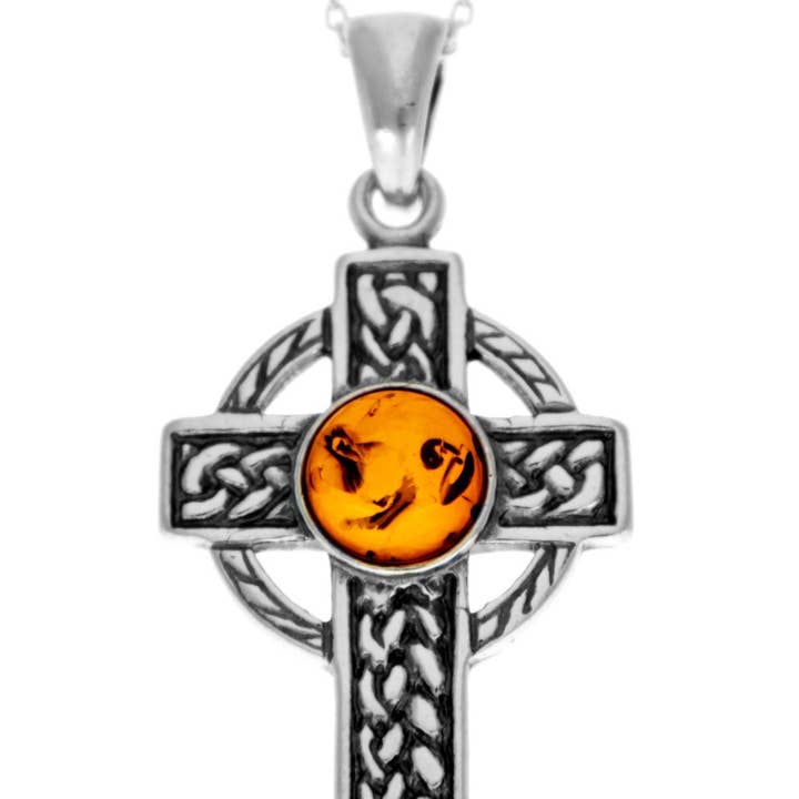 Pendentif en forme de croix celtique en argent sterling 925 et ambre de la Baltique, 1640 pour la vente par SilverAmber Jewellery