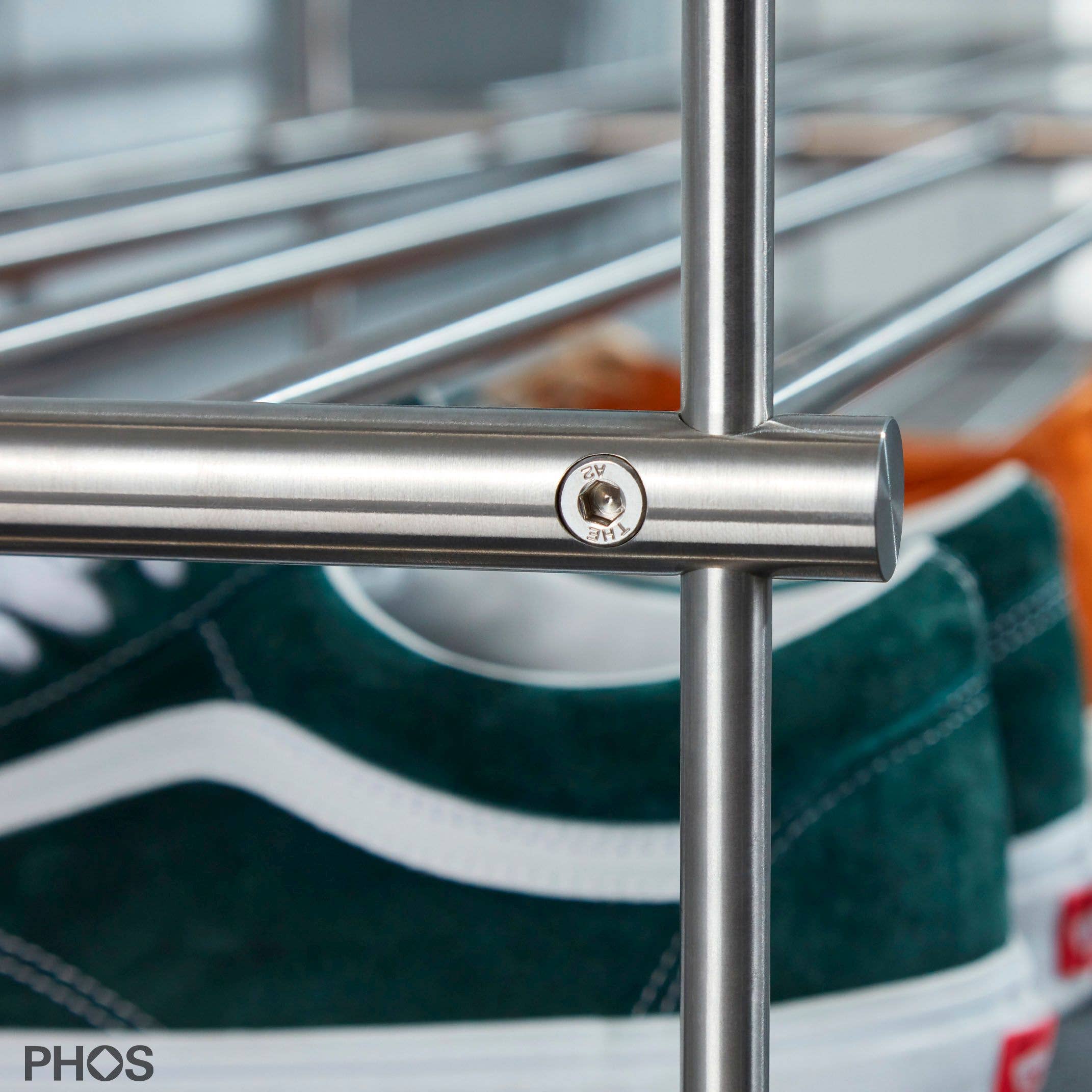 PHOS Design GmbH - Wholesale Shoe Rack - Stainless steel narrow shoe racks with oak wood rack3