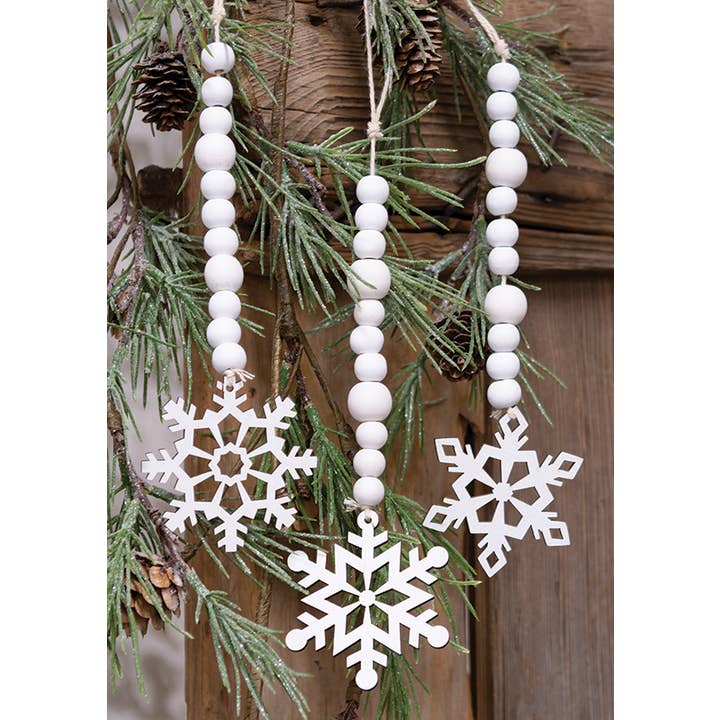 The Hearthside Collection - Wholesale Ornament set - White Beaded Wooden Snowflake Cutout Ornament, 3 Assorted1